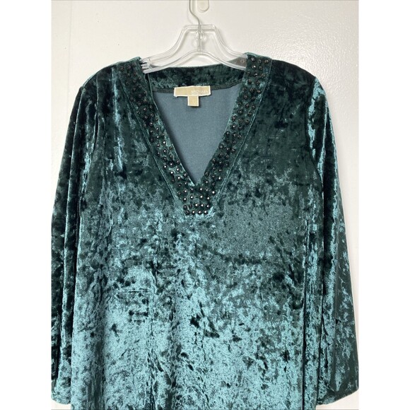 Michael Kors Velvet Top Size L Emerald Green Crushed Blouse Bell Sleeves 3/4 - Picture 3 of 14